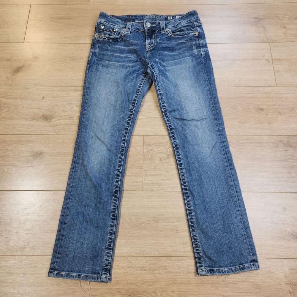 Miss Me Easy Cropped Jeans Womens 28 Medium Wash Blue Low Rise Rhinestone Denim